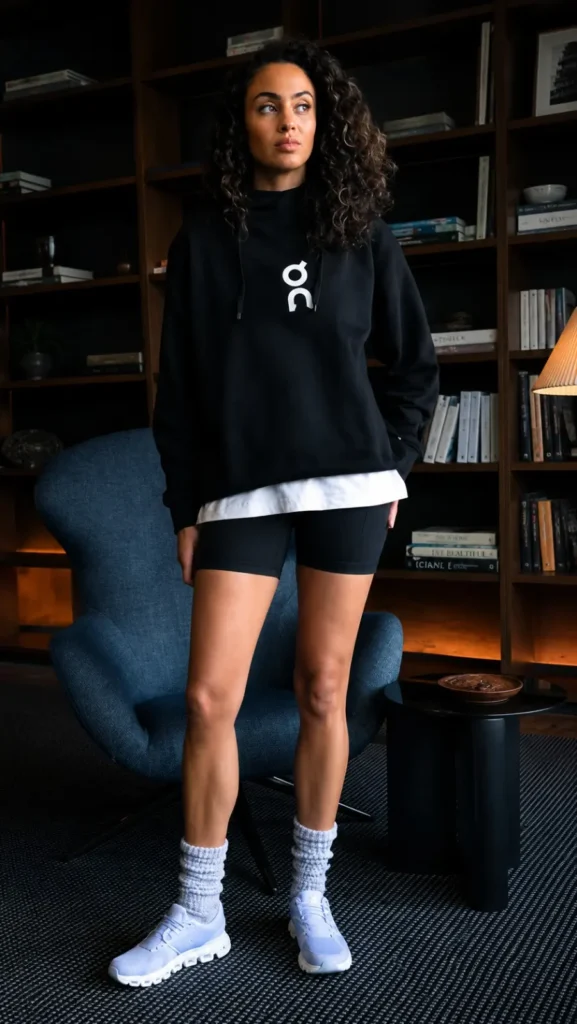 Black On Hoodie with Biker Shorts and On Cloud 6 Sneakers