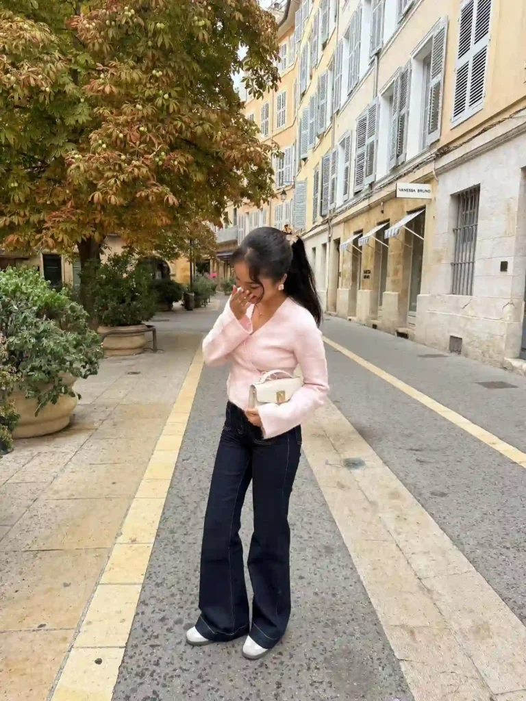 Pink Wrap Cardigan with Dark Flared Jeans