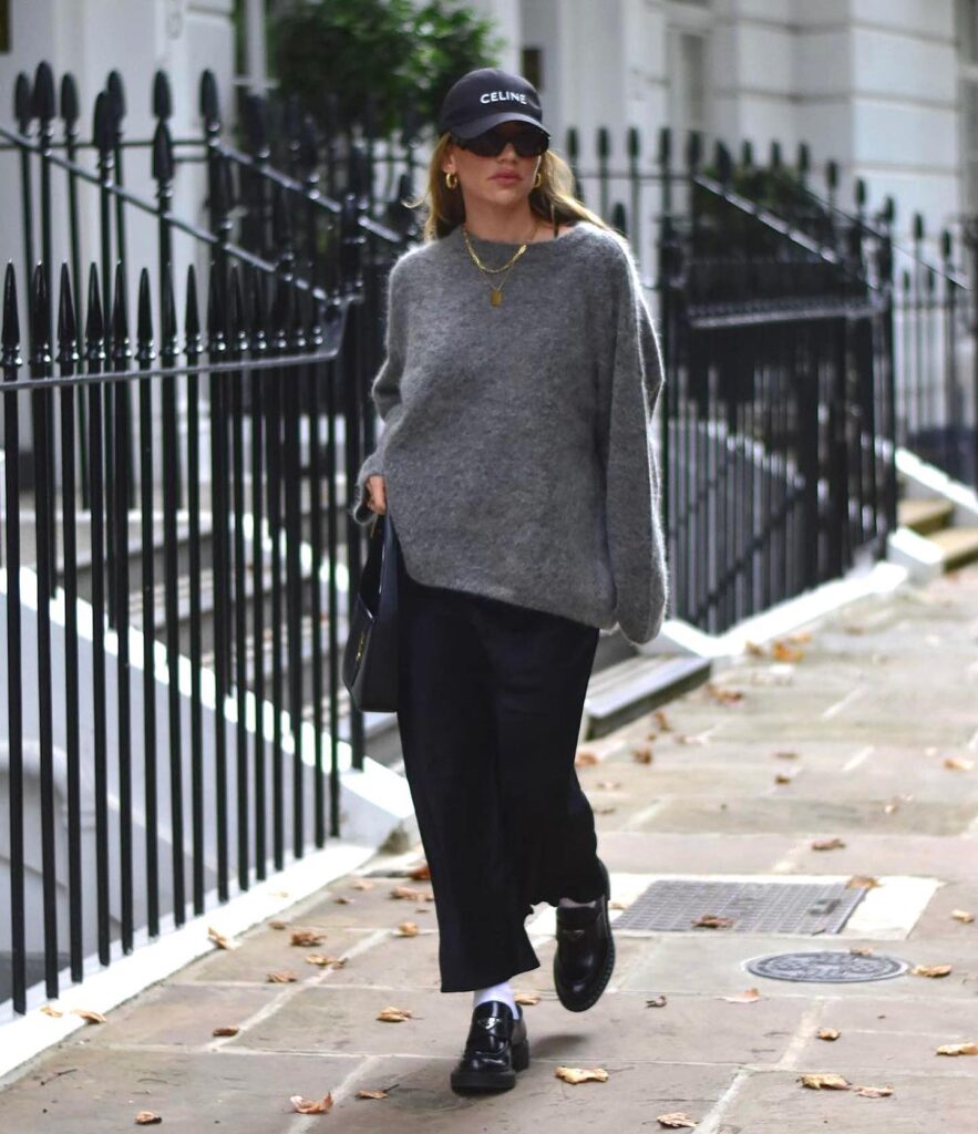 Chunky Black Loafers with Oversized Grey Sweater