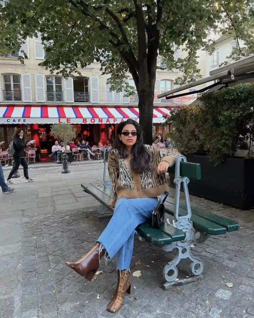 Printed Cardigan with Straight Jeans and Patterned Boots