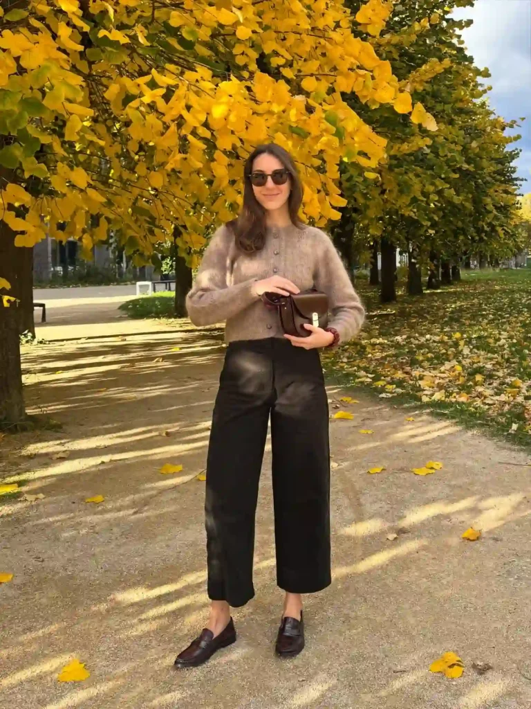 Fuzzy Taupe Cardigan with Black Culottes and Penny Loafers