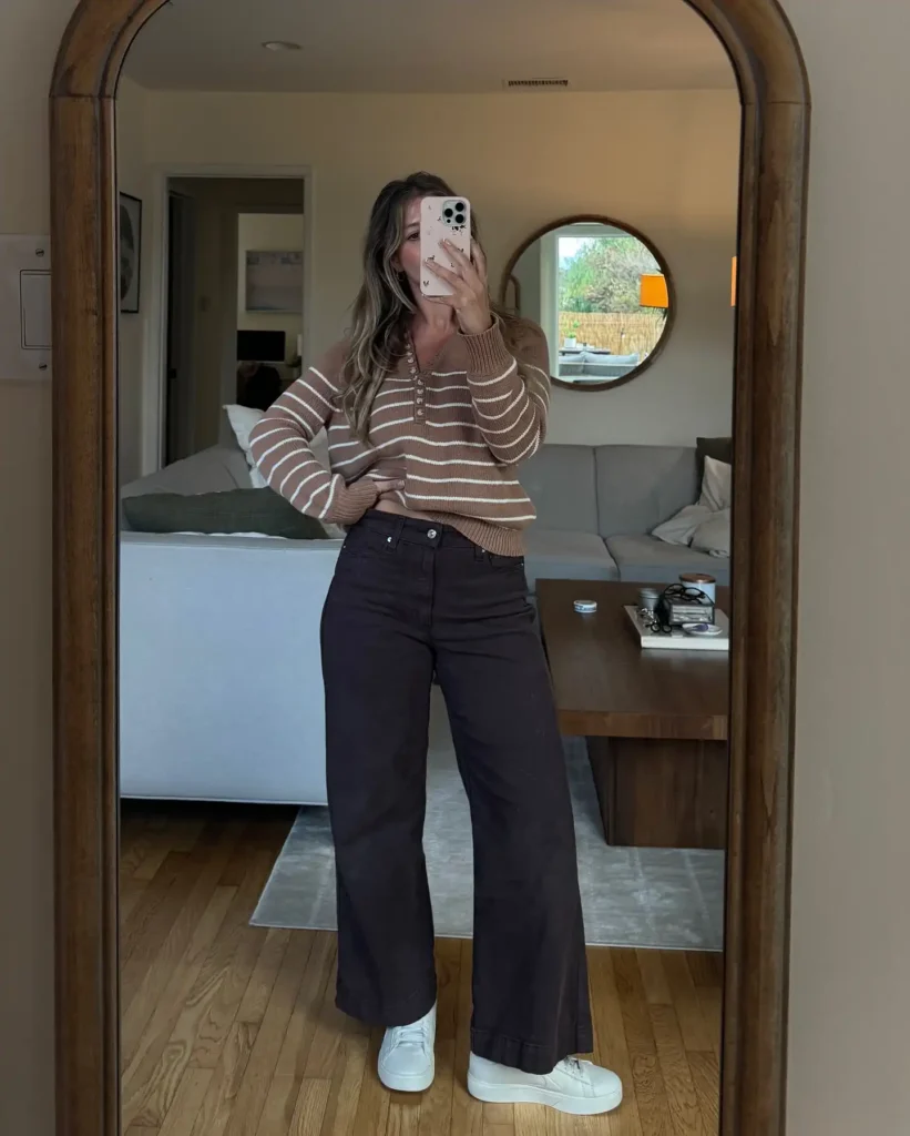 Sweater with Wide-Leg Pants and White Sneakers Fall Work Outfit