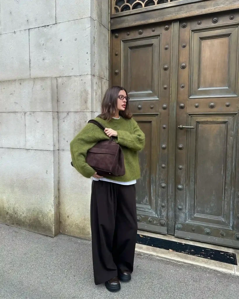 Brown Loafers with Green Mohair Sweater and Wide Trousers