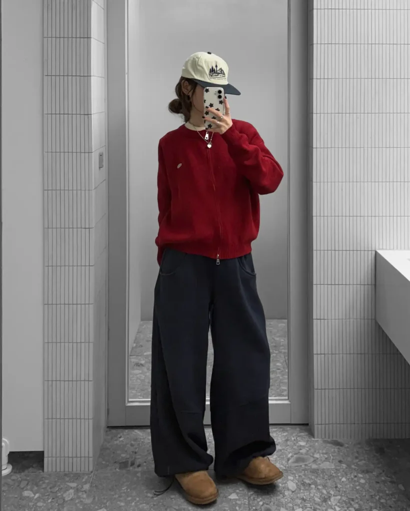 Red Cardigan with Wide-Leg Sweatpants and UGG Boots Fall Outfit