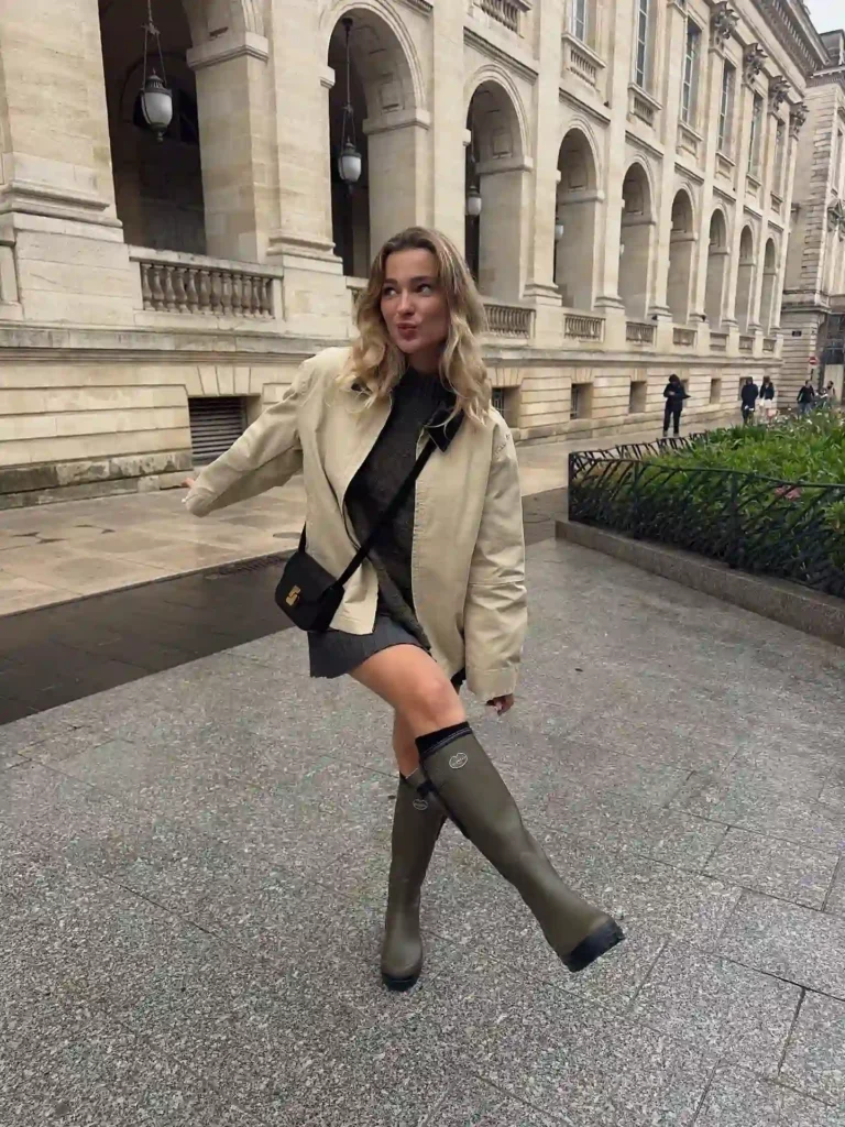 Beige Jacket with Olive Rain Boots Fall Outfit
