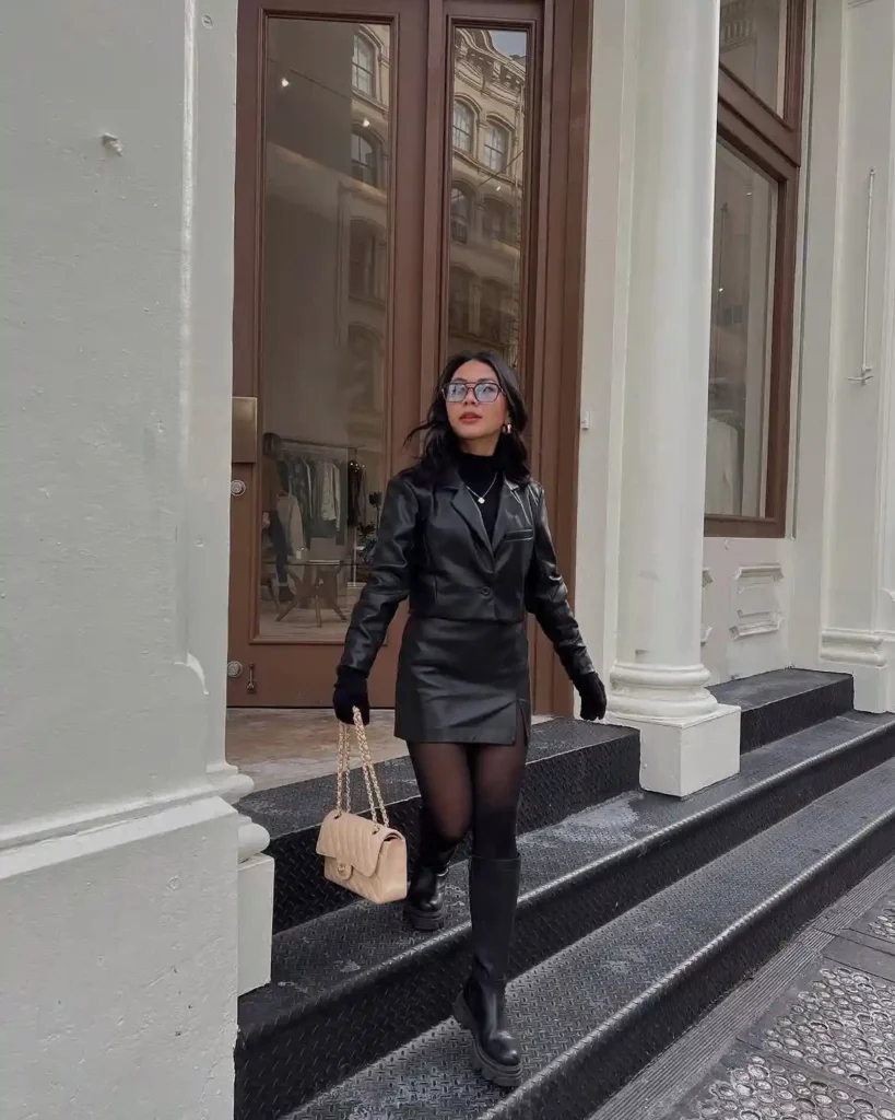 Leather Blazer and Mini Skirt with Combat Boots Fall Outfit