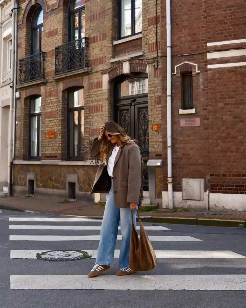 Brown Blazer with Wide-Leg Jeans Adidas Spezial Outfit