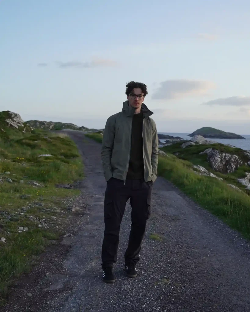 Olive Windbreaker with Cargo Pants and Dark Adidas Spezial