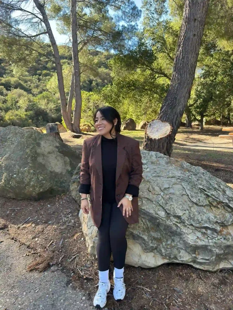 Brown Blazer with Black Leggings and New Balance 530