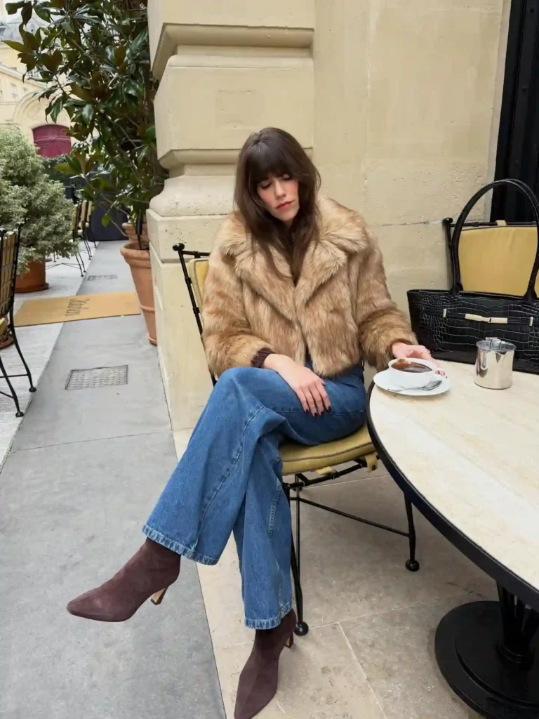 Cropped Faux Fur Jacket with Brown Suede Ankle Boots