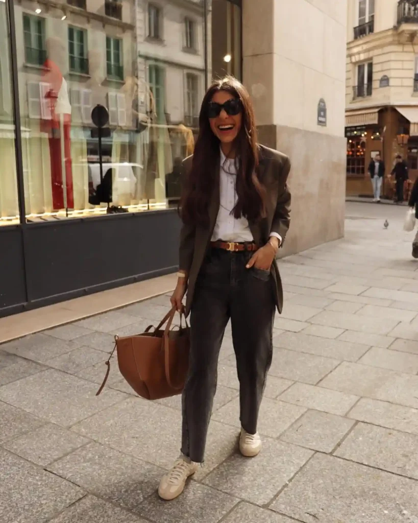 Olive Blazer and White Shirt with Dark Grey Jeans Adidas Spezial Outfit
