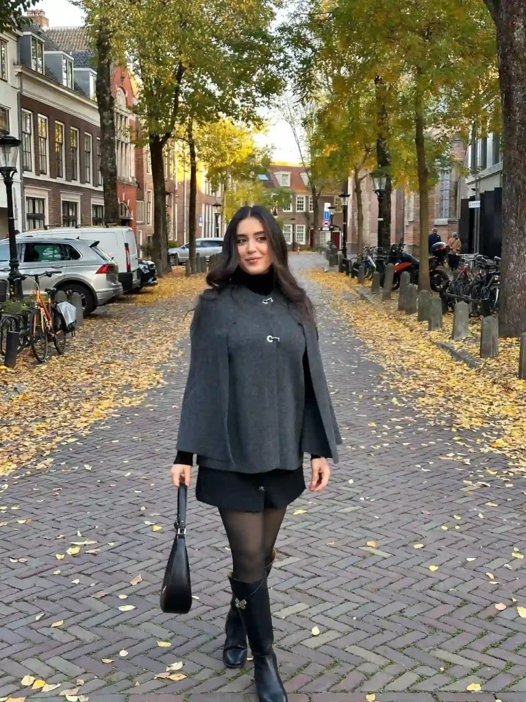 Grey Cape with Black Boots Fall Outfit