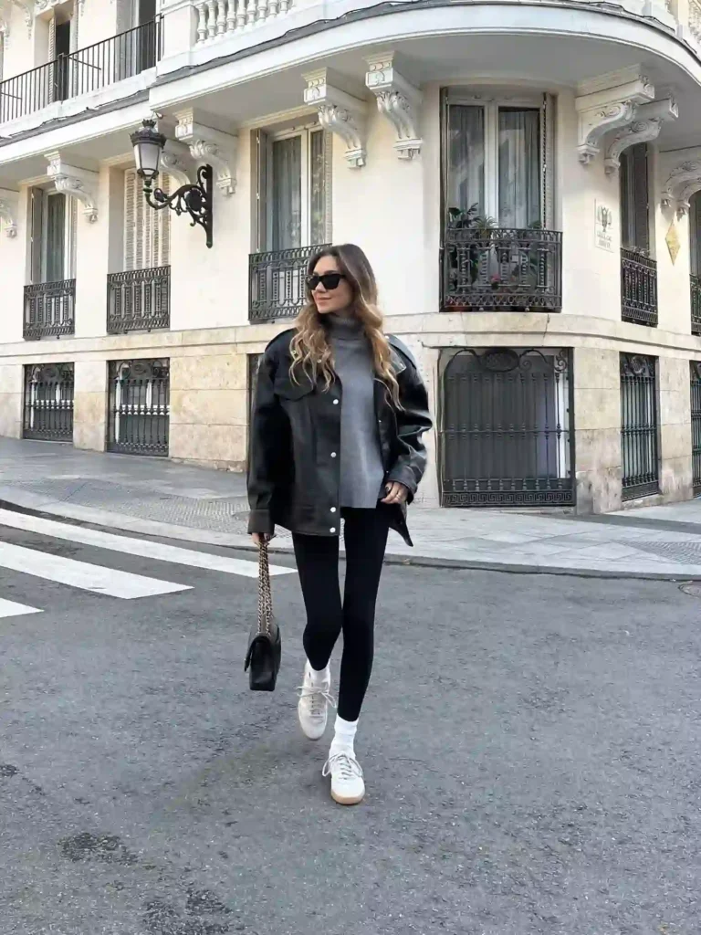 Leather Shirt Jacket with a Gray Sweater, Leggings and Sneakers