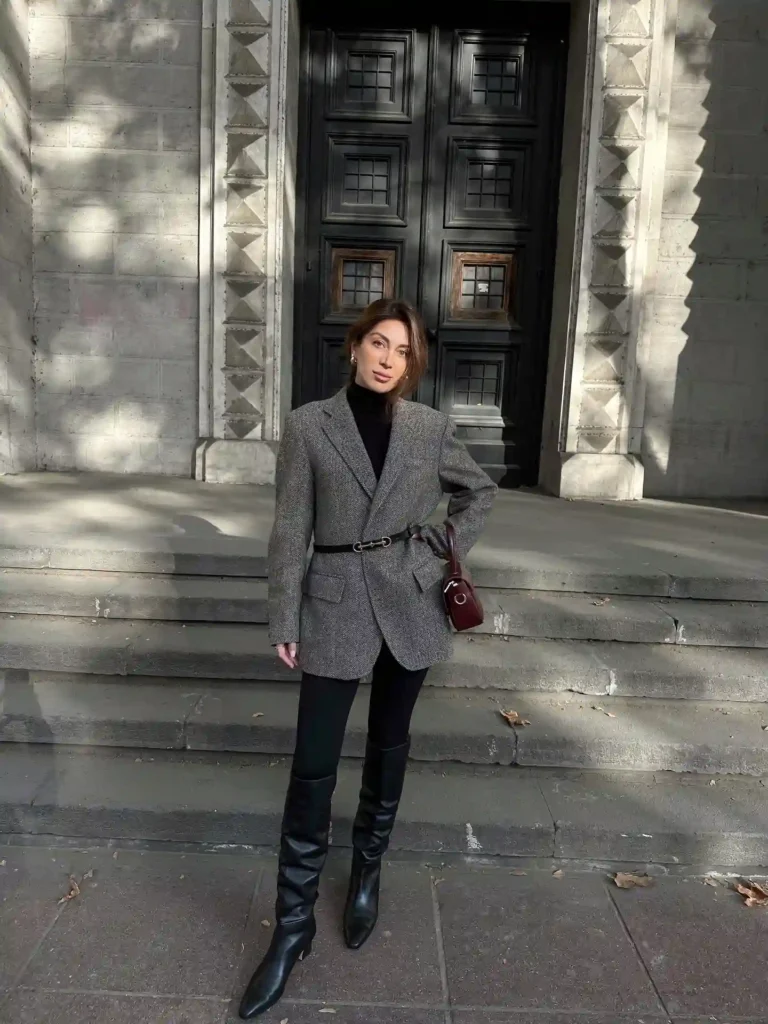 Grey Herringbone Blazer with Black Boots Fall Outfit
