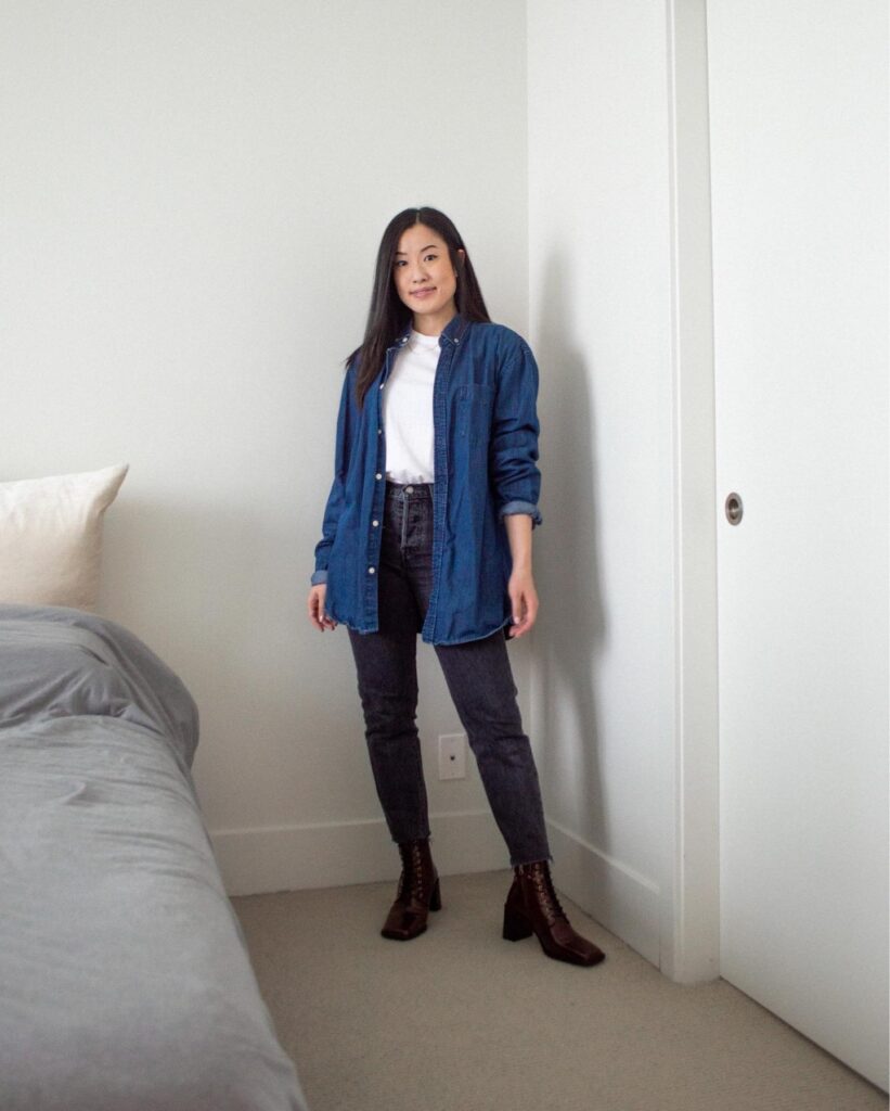 Oversized Denim Shirt with Burgundy Lace-Up Ankle Boots