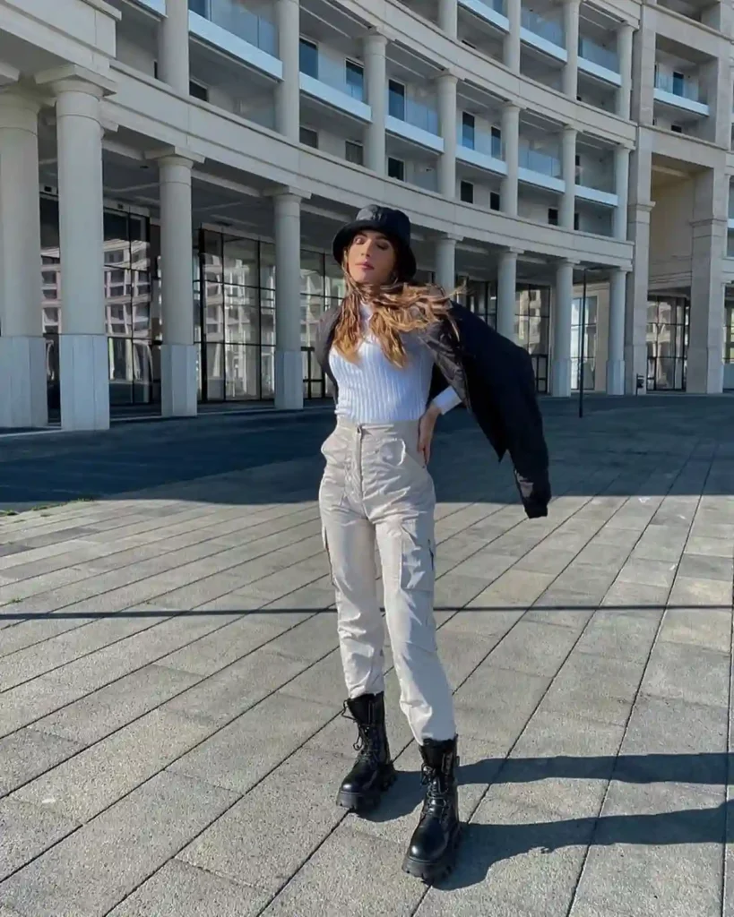 White Cargo Pants with Combat Boots Fall Outfit