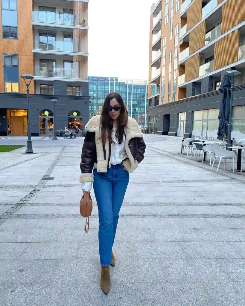 Cropped Aviator Shearling with Straight Jeans and Tan Ankle Boots