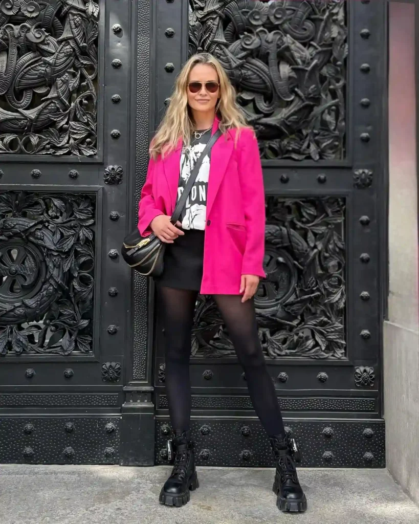 Pink Blazer with Graphic Tee and Combat Boots Fall Outfit