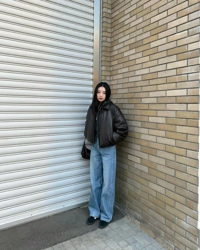 Black Leather Jacket with Wide-Leg Jeans Adidas Spezial Outfit