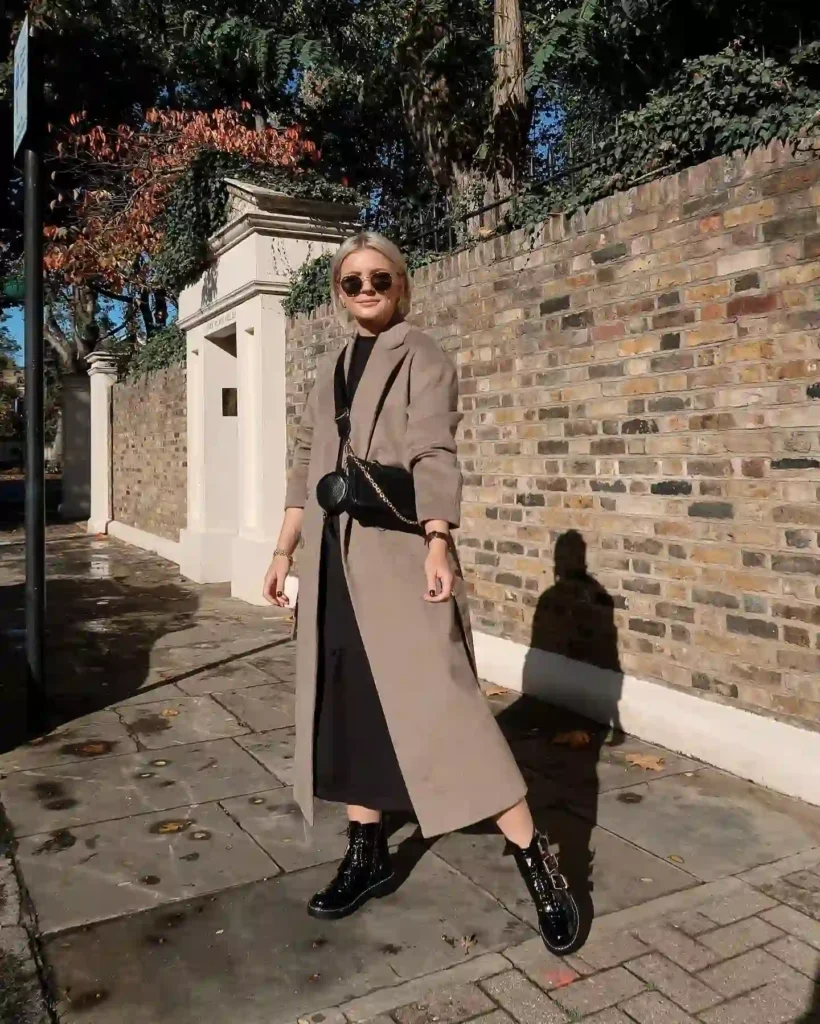 Camel Coat with Chunky Patent Ankle Boots