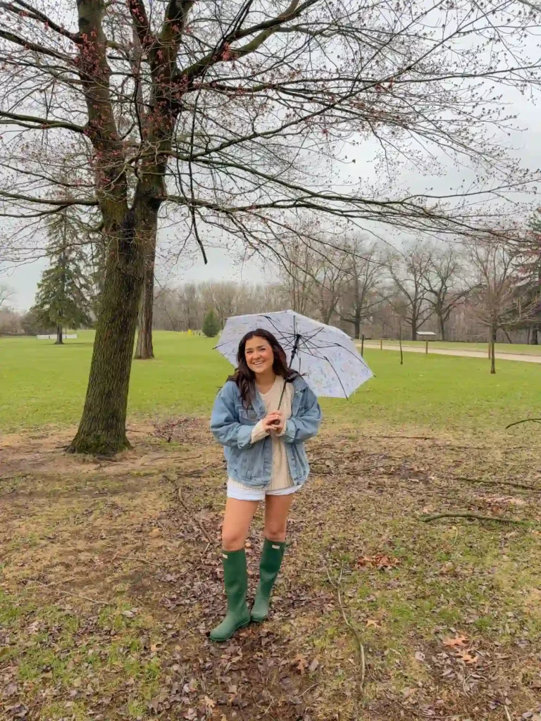 Denim Jacket with Green Rain Boots Fall Outfit