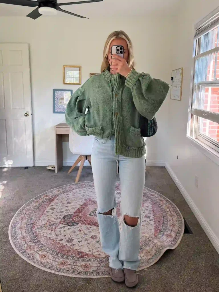 Grey Suede Loafers with Green Cardigan and Ripped Jeans