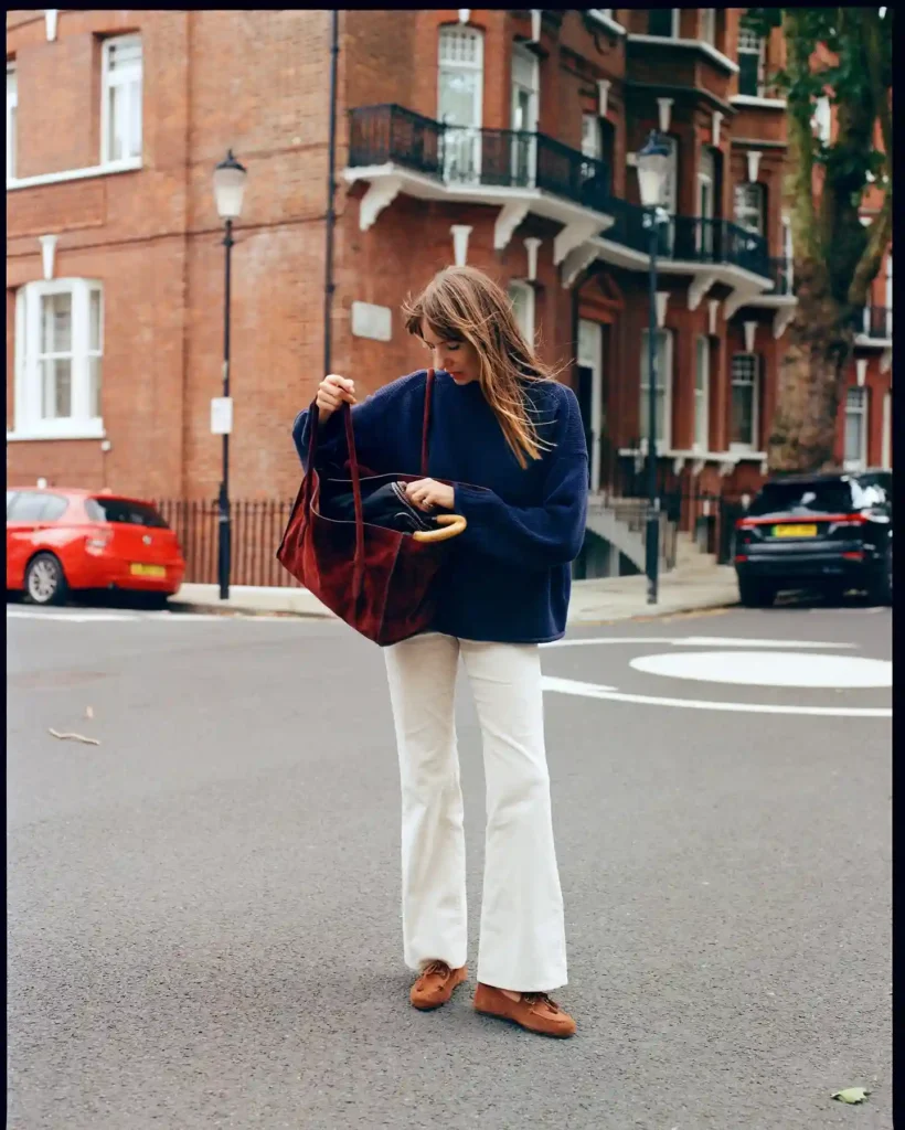 Tan Loafers with Navy Sweater and Cream Flares