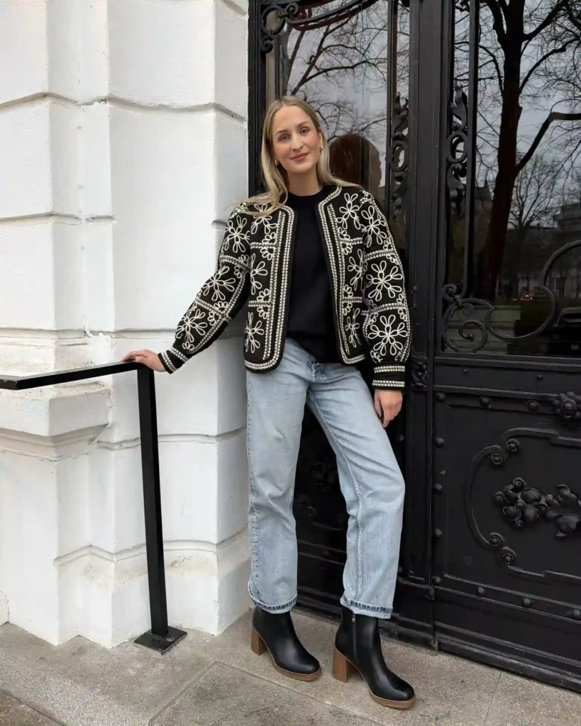 Embroidered Folk Jacket with Light Jeans and Block Heel Ankle Boots