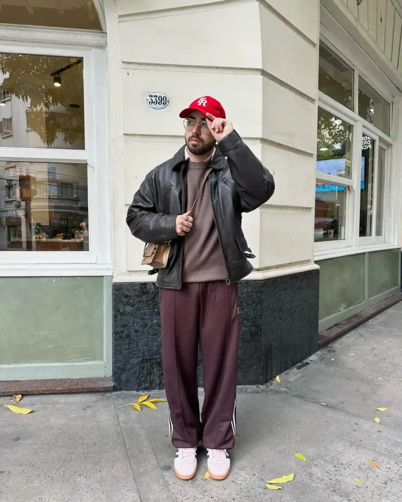 Leather Jacket with Track Pants and Pink Adidas Spezial