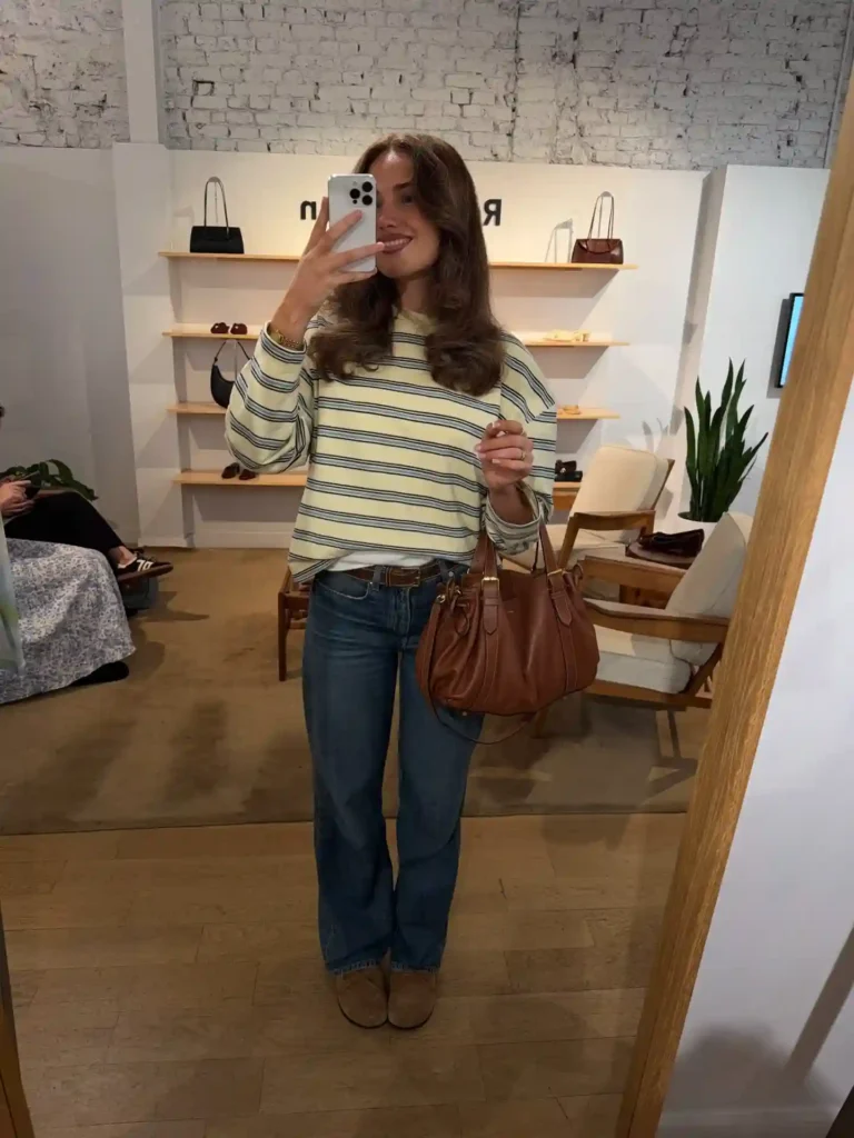 Suede Loafers with Striped Sweater and Bootcut Jeans