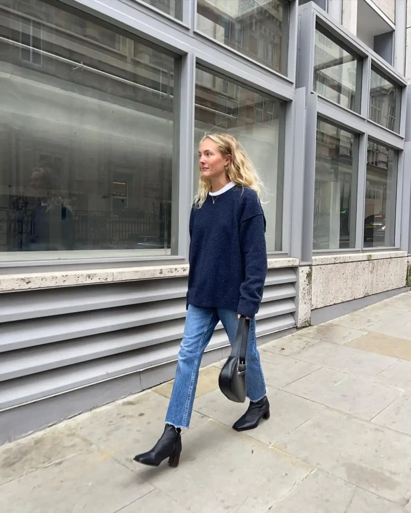 Oversized Sweater with Cropped Jeans and Black Boots