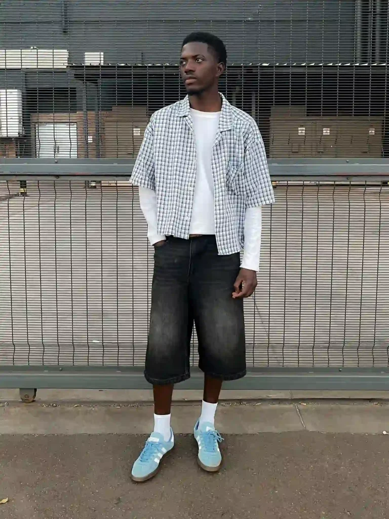 Plaid Shirt with Denim Shorts and Light Blue Adidas Spezial