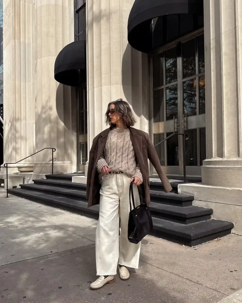 Cream Loafers with Cable Knit Sweater and Brown Blazer
