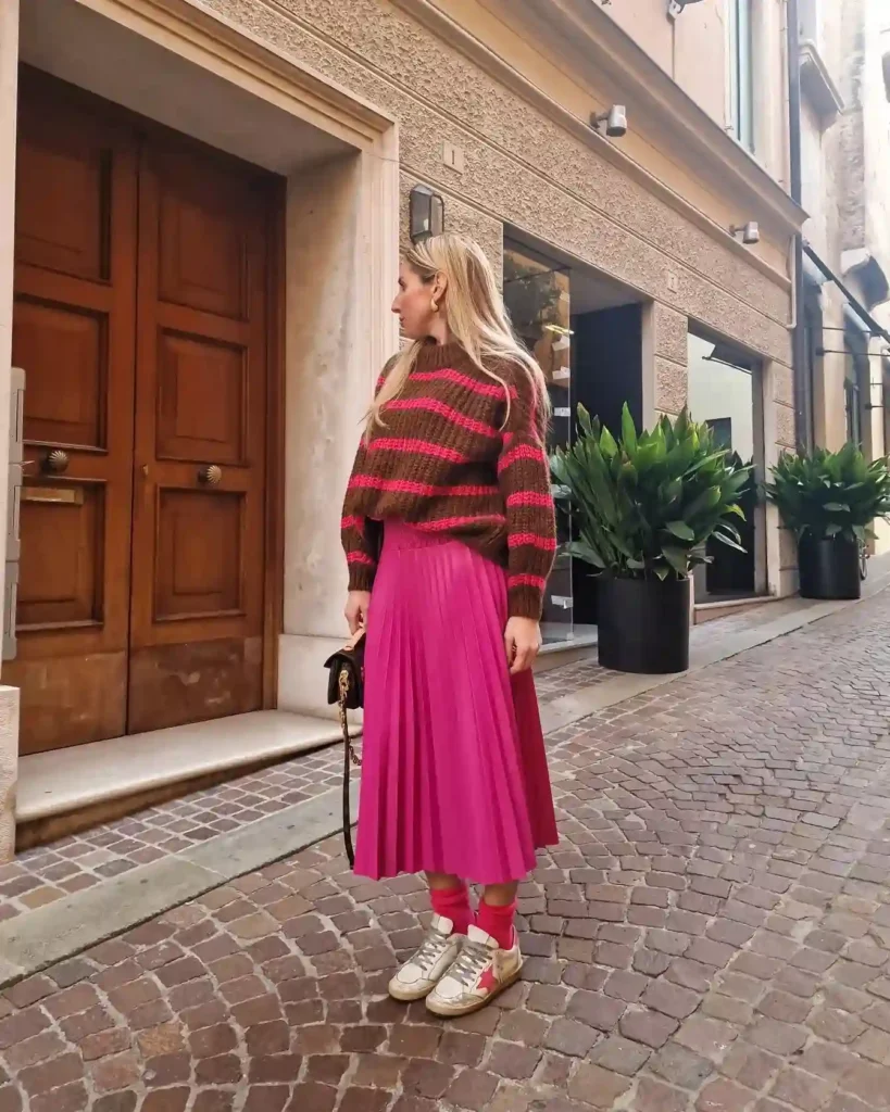 Striped Sweater with Pink Pleated Skirt Golden Goose Fall Outfit