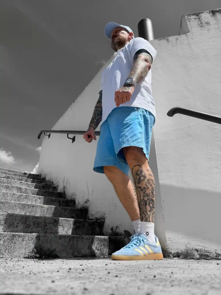 White Tee with Light Blue Shorts and Blue Adidas Spezial