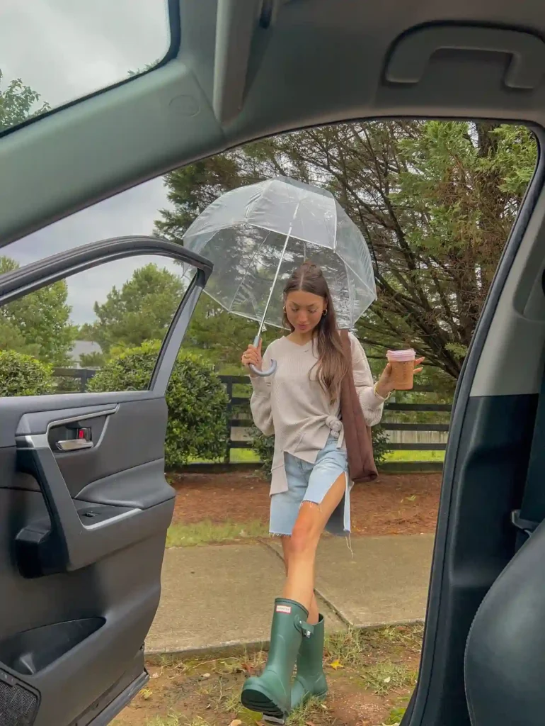 Beige Knit Top with Green Rain Boots Fall Outfit