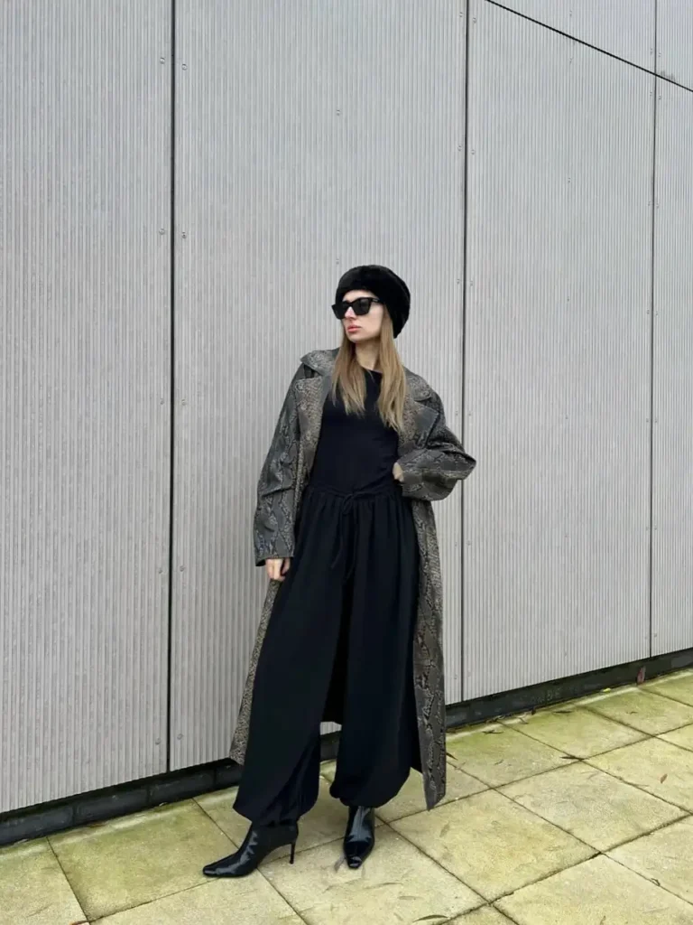 Python Print Duster Coat with All-Black Jumpsuit