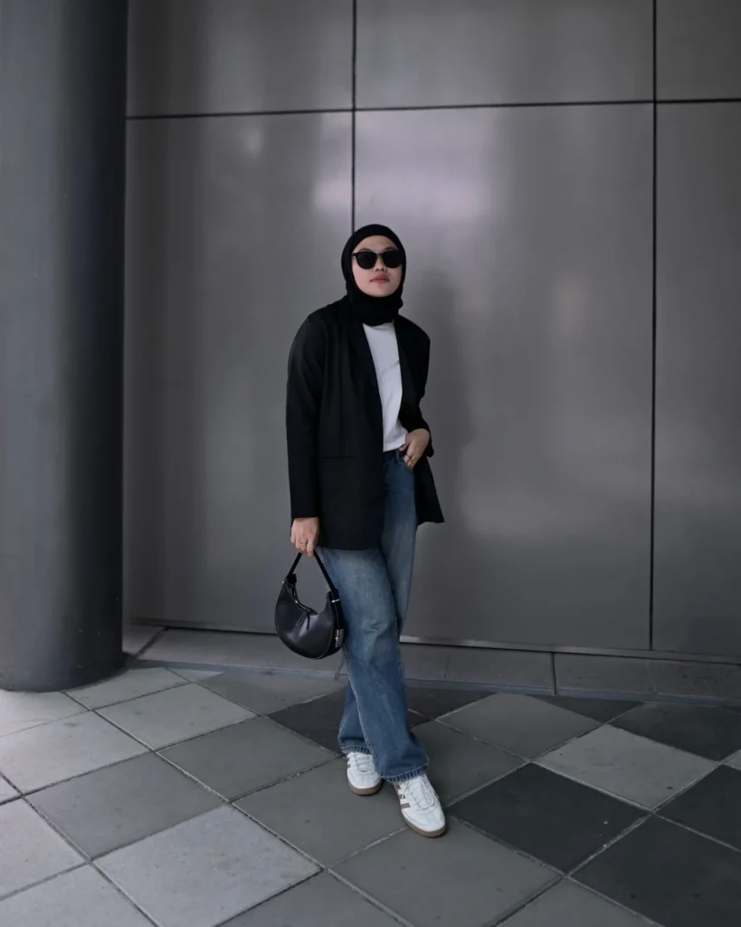 Black Blazer with Flared Jeans Adidas Spezial Outfit
