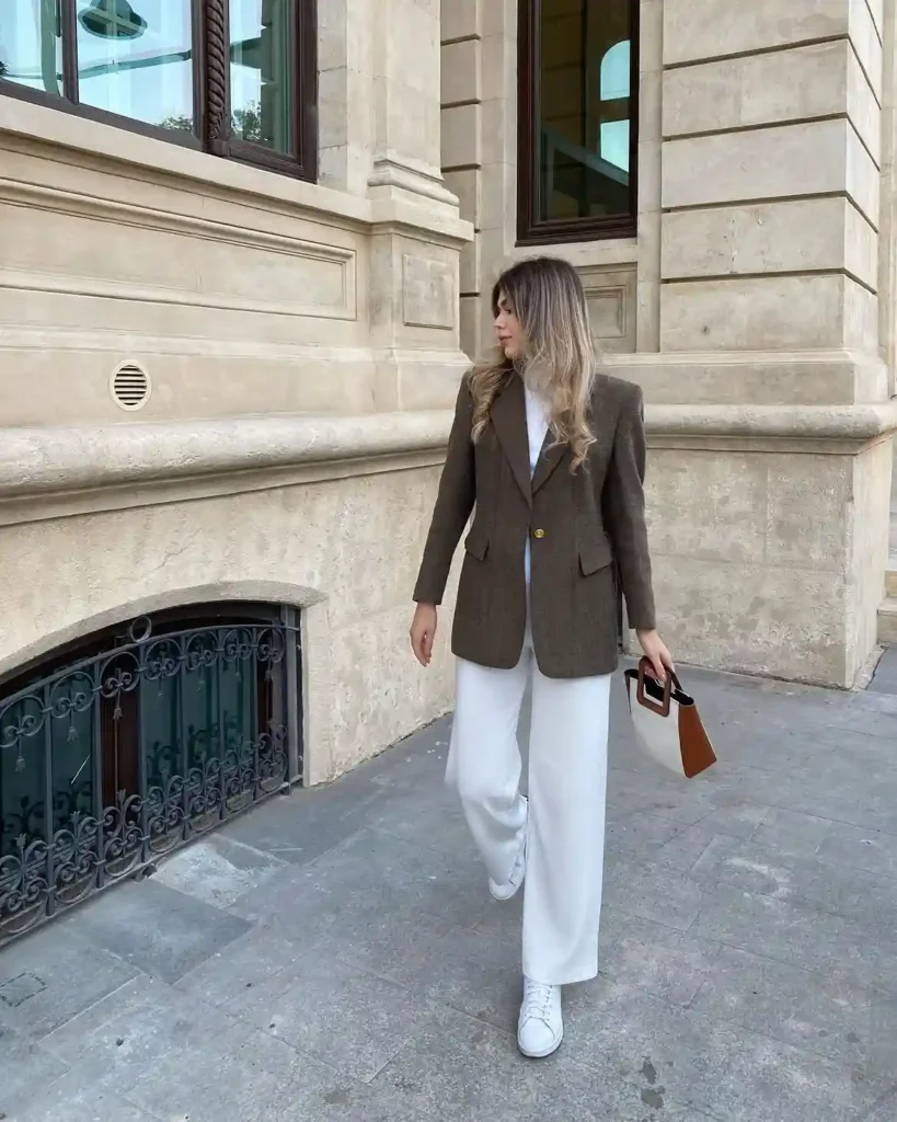 Brown Blazer with White Wide-Leg Pants and Sneakers Fall Work Outfit