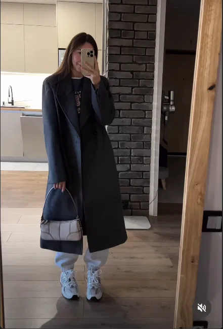 Grey Wool Coat with Sweatpants and New Balance 530 Fall Outfit