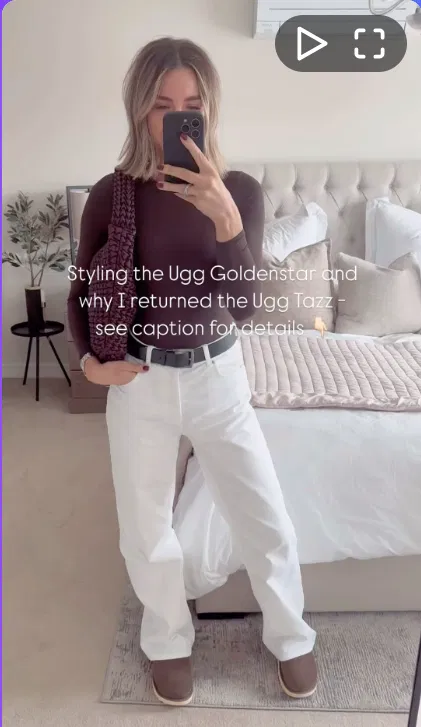 Fitted Brown Top with White Jeans and Goldenstar Clogs