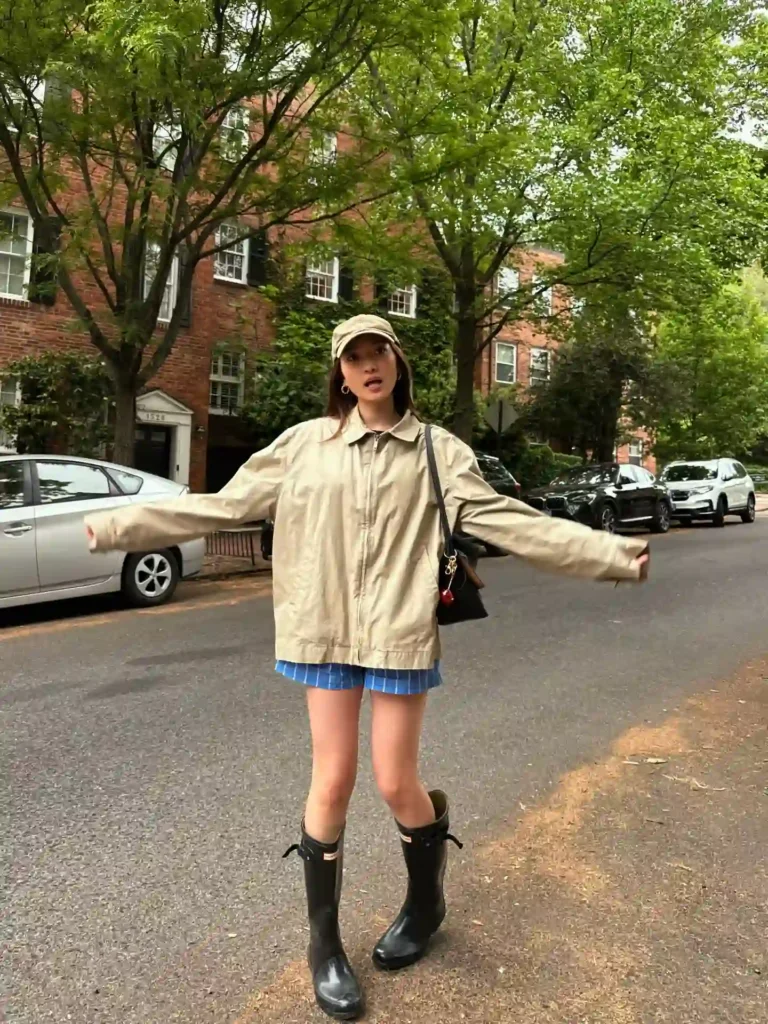 Beige Jacket with Black Rain Boots Fall Outfit