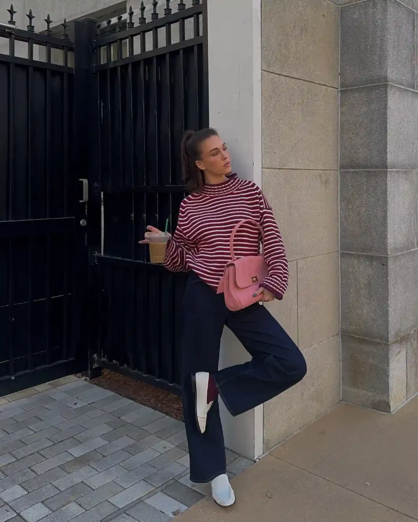 White Loafers with Burgundy Striped Sweater and Dark Denim