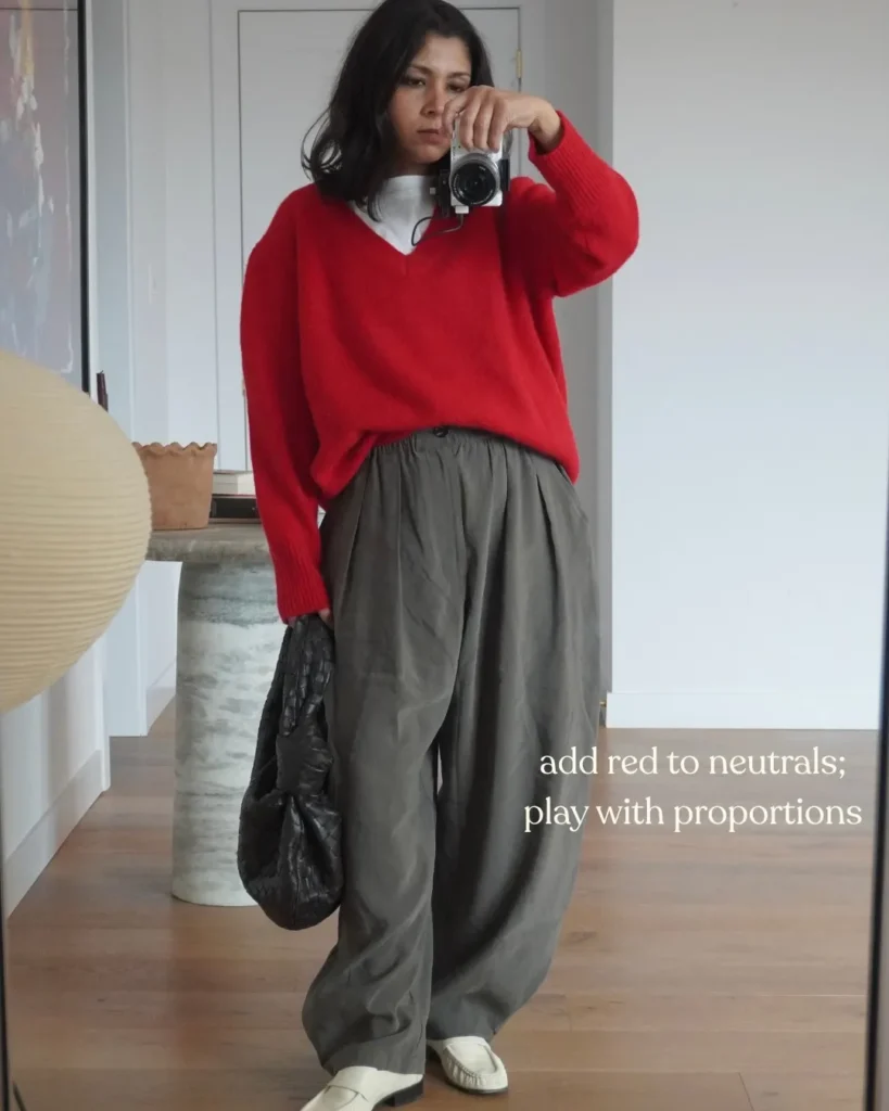 Cream Loafers with Red Sweater and Olive Trousers