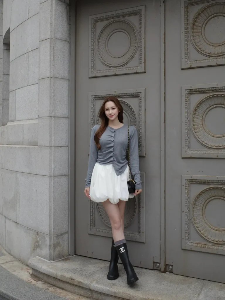 Grey Cardigan with Black Rain Boots Fall Outfit