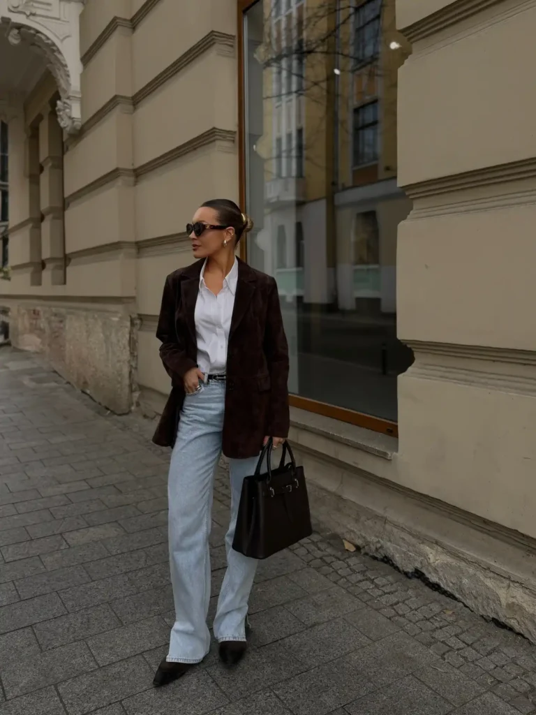 Chocolate Suede Blazer with Light Jeans and Pointed Ankle Boots