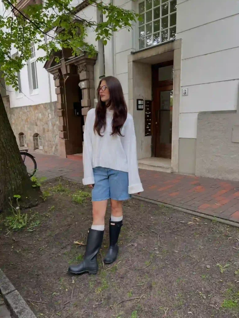 White Sweater with Black Rain Boots Fall Outfit