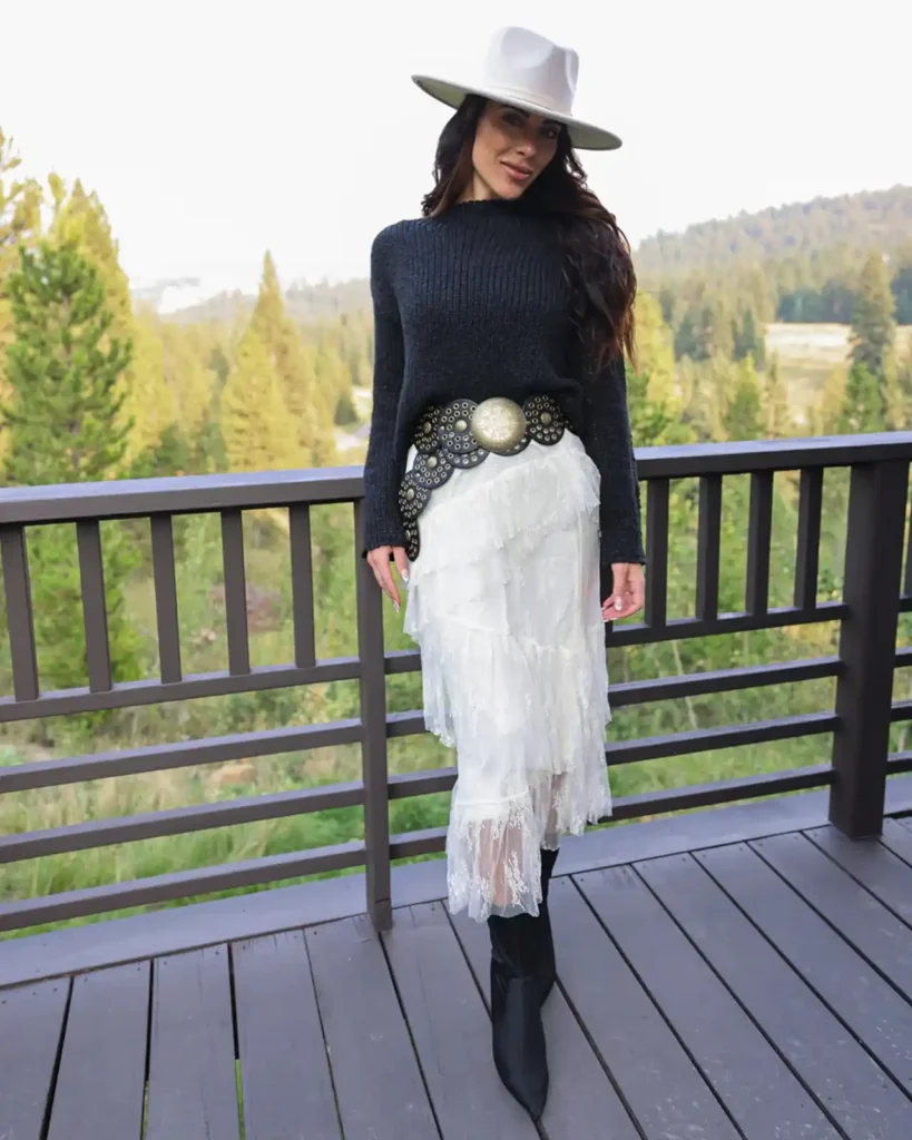 Charcoal Knit Sweater with Lace Skirt and Black Ankle Boots