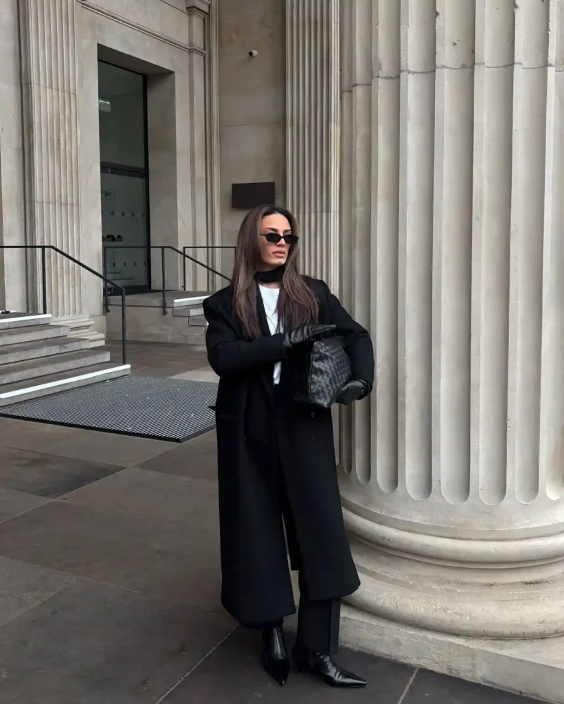 All-Black Long Coat with Pointed Ankle Boots