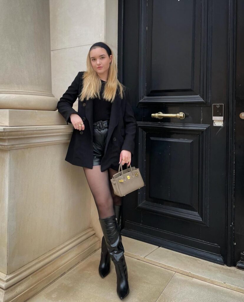 Black Blazer with Leather Shorts and Knee-High Boots Work Outfit